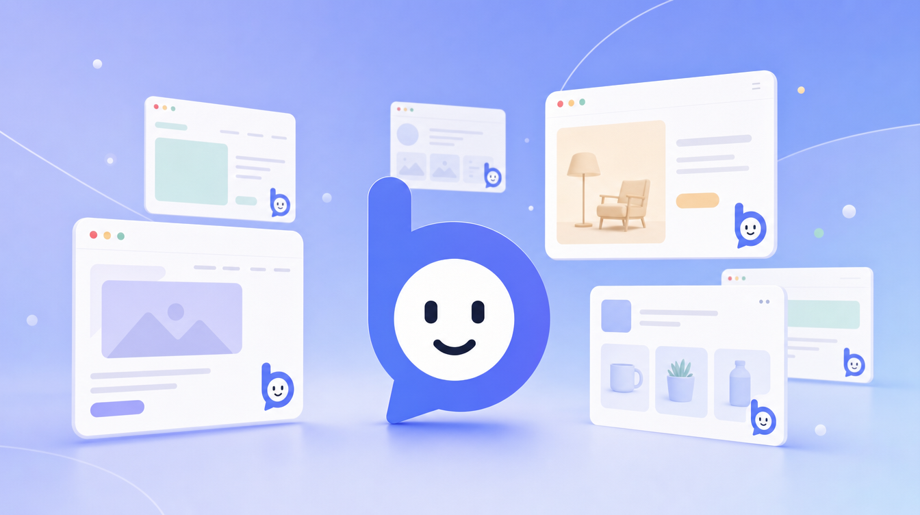 The Bruno mascot in the centre of a scene of stylised website browser cards, each carrying its own small Bruno widget in the corner.