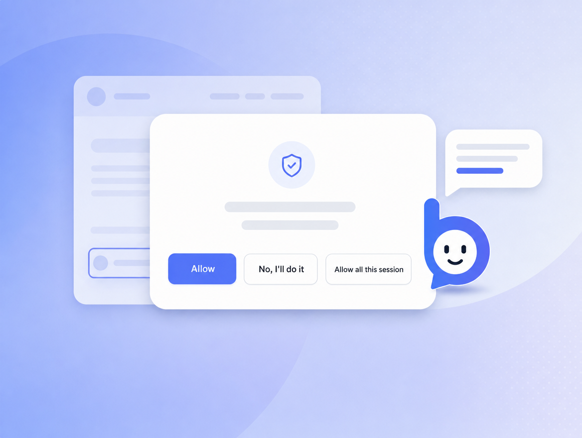A consent dialog with three buttons - Allow, No I'll do it, and Allow all this session - in front of a faint webpage card with one element highlighted, and the Bruno mascot beside it.