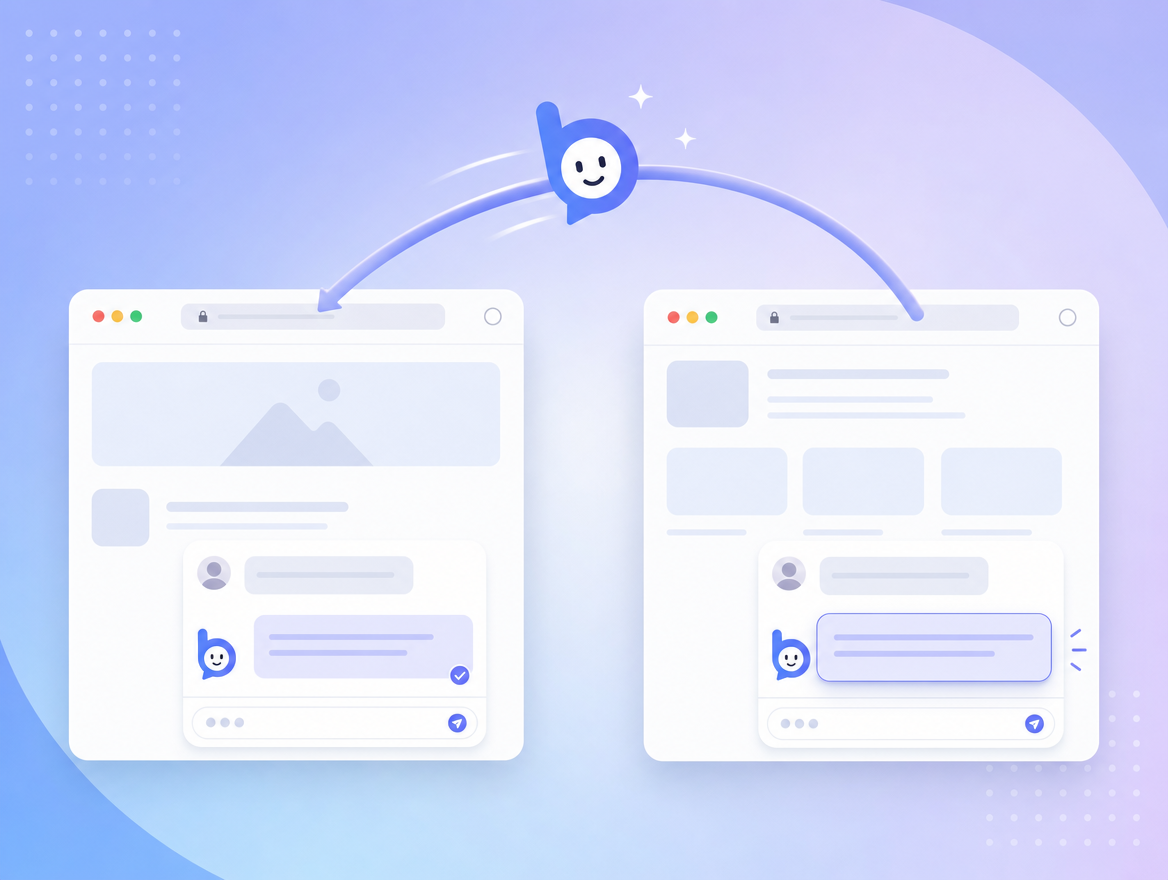 Two browser windows side-by-side connected by a curved arrow, with the Bruno mascot riding the arrow to carry a request from the first page to the second.