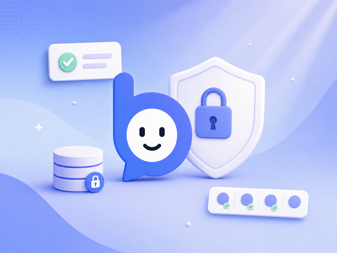 The Bruno mascot beside a shield with a lock, an encrypted database, a consent card with a checkmark, and a row of per-tenant isolation indicators.