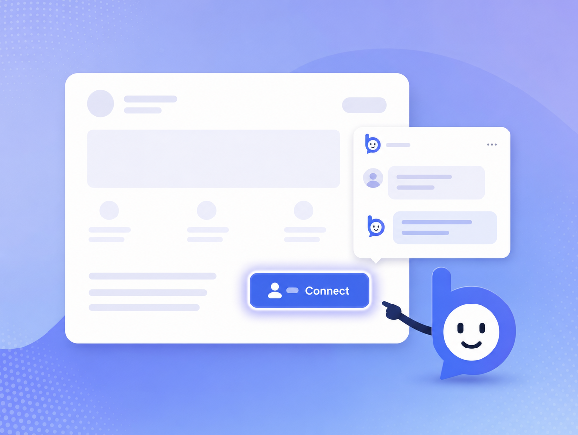 The Bruno mascot pointing at a highlighted Connect button on a webpage, with a chat panel open showing the conversation.