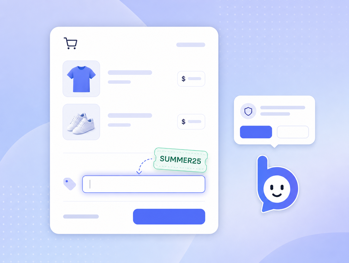 A checkout panel with two products, a glowing promo-code input field, a SUMMER25 discount tag ready to be applied, and a Bruno consent dialog.