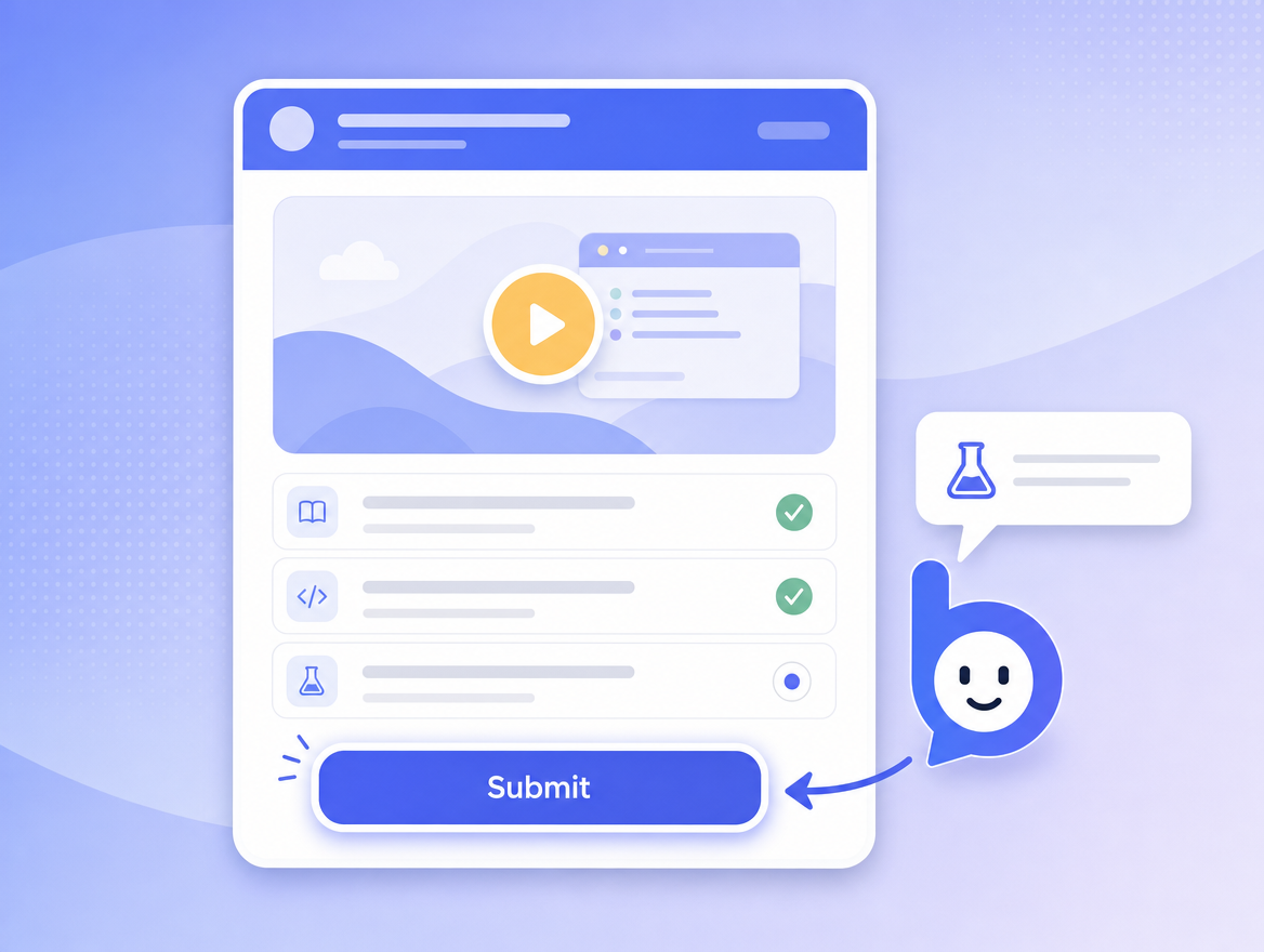 An EdTech learning module with a video thumbnail, three lesson rows, a glowing Submit button, and the Bruno widget pointing at it.