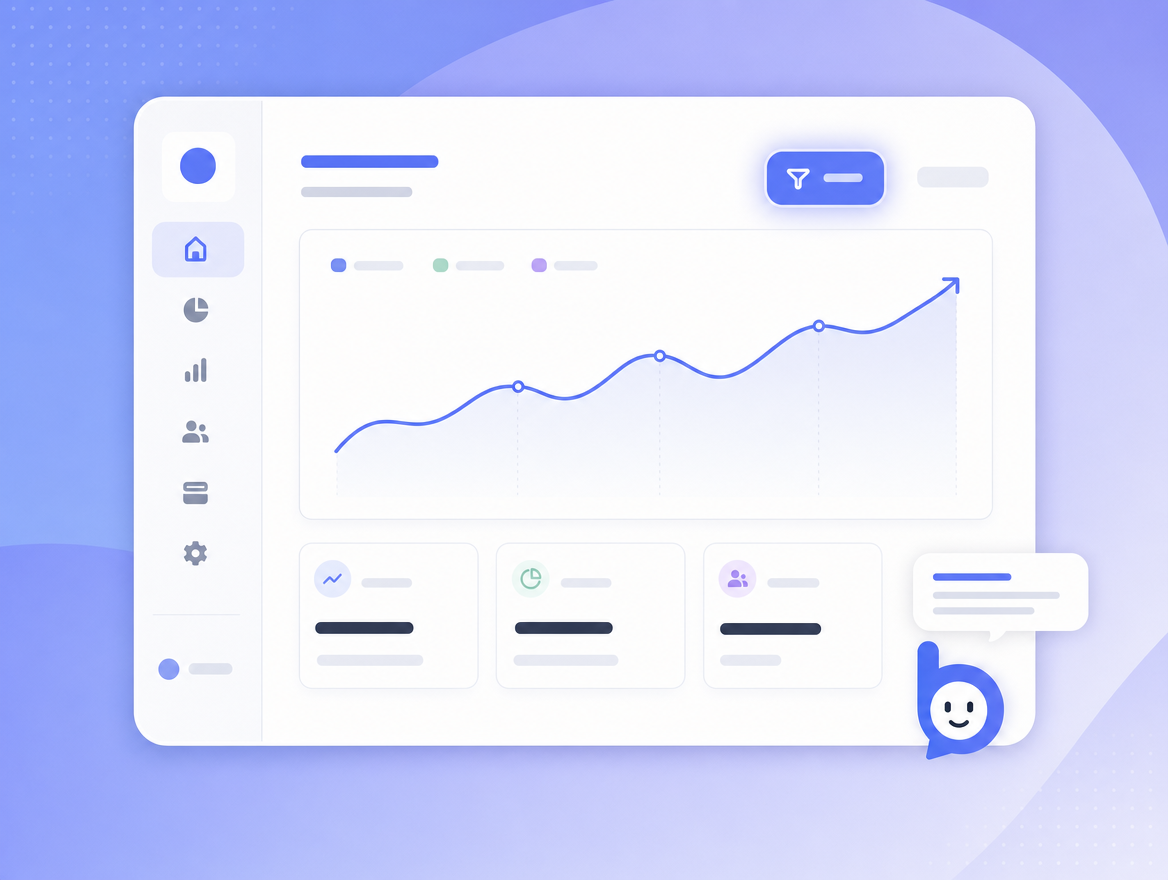 A clean SaaS dashboard with a sidebar, a trending-up chart, KPI cards, a highlighted filter control, and the Bruno widget in the bottom-right corner.