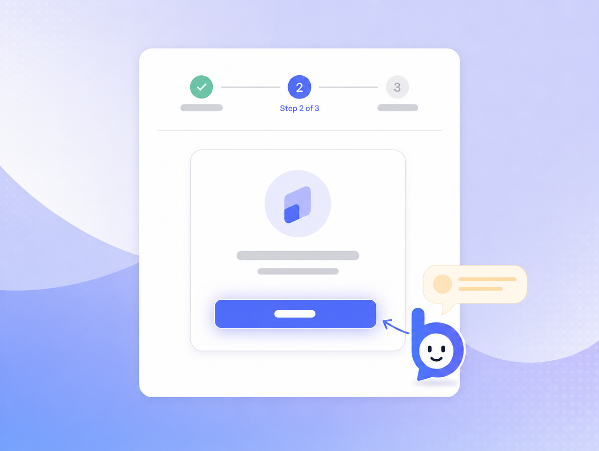 An onboarding wizard at Step 2 of 3 with a glowing connect-account button and the Bruno widget offering an encouraging hint.